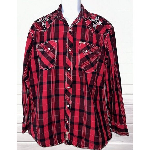 Rafter C Cowboy Collection Sz LARGE Western Pearl Snap Shirt Red Plaid EUC - Picture 3 of 12